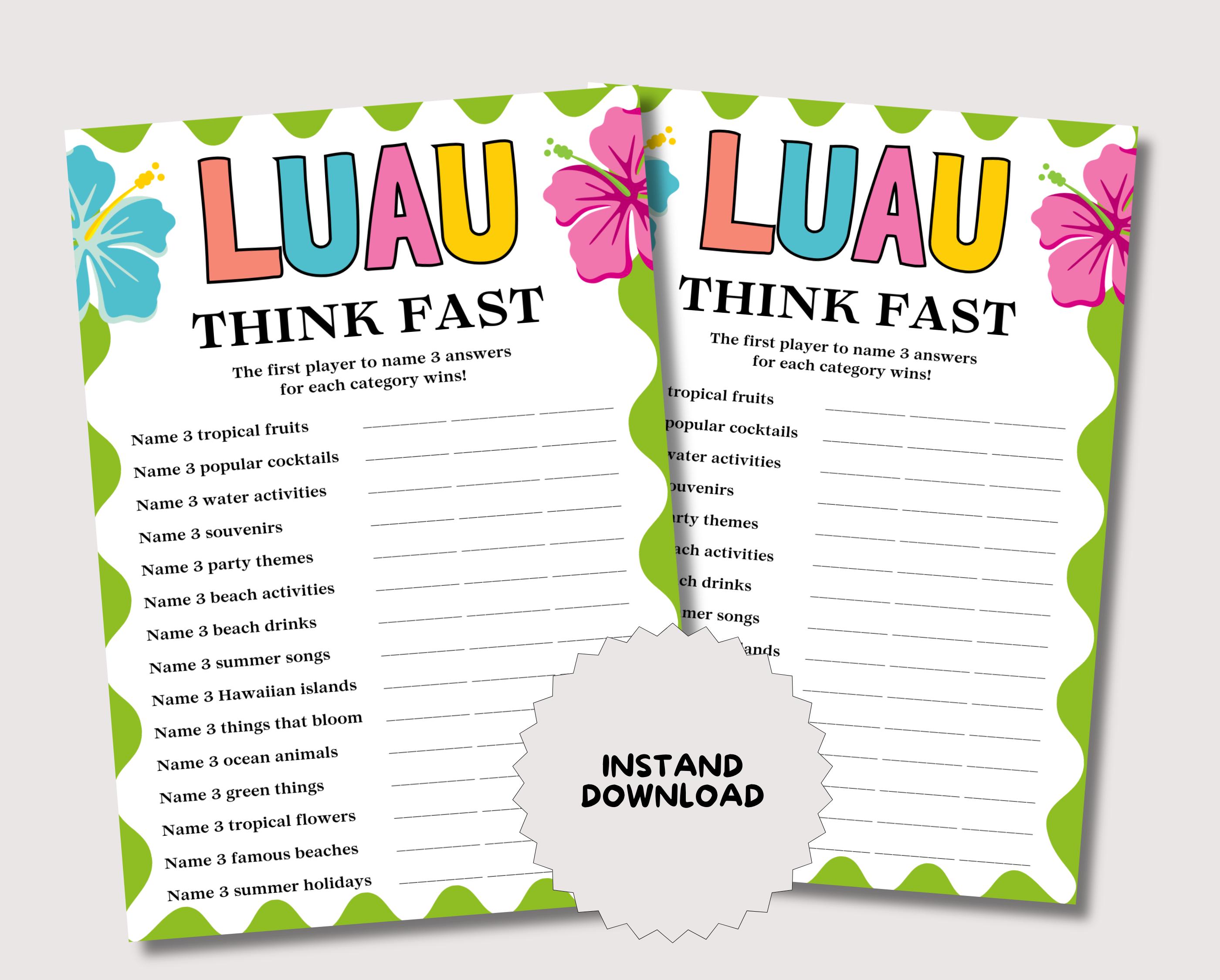 Luau Think Fast Game, Fun Printable Luau Game for Adults, Luau Party ...