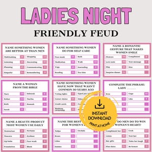 Peut inclure: Une feuille de jeu Ladies Night Friendly Feud avec neuf cases de questions &agrave; bordures roses et fond blanc. Chaque case contient une question de sondage, des cat&eacute;gories de r&eacute;ponses et des scores. Un tampon jaune indique Instant Download.
