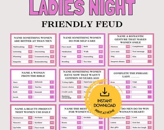 Peut inclure: Une feuille de jeu Ladies Night Friendly Feud avec neuf cases de questions à bordures roses et fond blanc. Chaque case contient une question de sondage, des catégories de réponses et des scores. Un tampon jaune indique Instant Download.