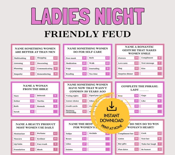Ladies Night Friendly Feud Game, Fun Printable Ladies Party Game for Adult Women, Girls Night Family Feud Ladies Group Game Night Out Trivia