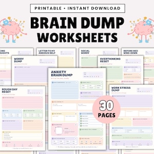 Puede incluir: Un conjunto de hojas de trabajo imprimibles para vaciar la mente, con secciones en colores pastel para registrar pensamientos, preocupaciones y estrés. Las páginas incluyen títulos como Anxiety Brain Dump y una insignia circular de 30 pages.