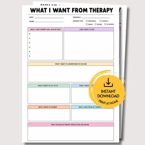 Fiche d'exercice « Ce que j'attends de la thérapie », questions de thérapie à imprimer pour adolescents et adultes, activité thérapeutique, journal de thérapie, notes de séance.