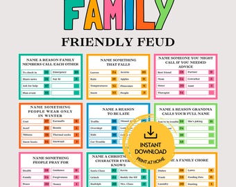Family Feud Game, Fun Printable Family Feud Questions for Adults & Kids, Family Feud Cards Trivia, Group Family Game Night Friendly Feud PDF