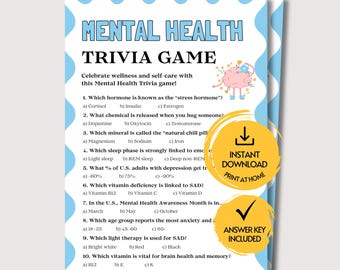 Trivia sobre salud mental, juego imprimible sobre salud mental para adultos, actividad de terapia grupal para adolescentes, concienciación sobre salud mental, cuestionario de terapia.