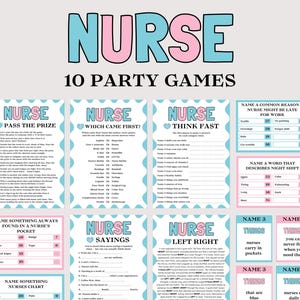 May include: A printable party game set for nurses, featuring ten different games with a blue and pink color scheme. The games include trivia, word games, and fill-in-the-blank activities, perfect for a nurse-themed gathering.