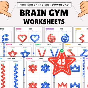 May include: A collection of printable brain gym worksheets featuring red and blue tracing patterns for shapes, letters, and lines. The pages include labels like Spring, Heart, Swirl, Star, and Wiggle Worm, with a central red star graphic stating 45 Pages.