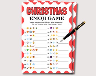 May include: A Christmas Emoji Game sheet with a red and white border, featuring a list of emoji-based Christmas phrases to guess. A black pen with gold accents rests on the sheet, ready for use.