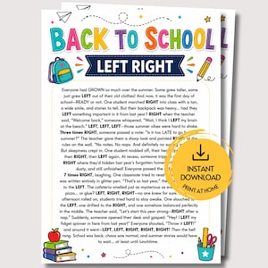 Pode incluir: Uma folha de jogo Back to School Left Right com texto colorido e ilustrações escolares como uma mochila, um lápis e livros. O documento inclui uma história com as palavras LEFT e RIGHT destacadas, além de um ícone de download imediato.