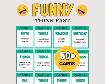 Può includere: Un set di carte da gioco Funny Think Fast con una griglia di suggerimenti come Gifts nobody wants, Things that fly but aren't birds, Reasons people whisper e Birthday desserts besides cake. Il design include emoji gialle che ridono e un badge 50+ Cards.