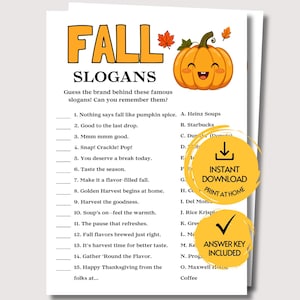 May include: A white paper game sheet titled FALL SLOGANS with a cartoon pumpkin illustration. The text includes fifteen numbered slogans and fifteen lettered brand options. Two yellow circular overlays feature download and answer key icons.