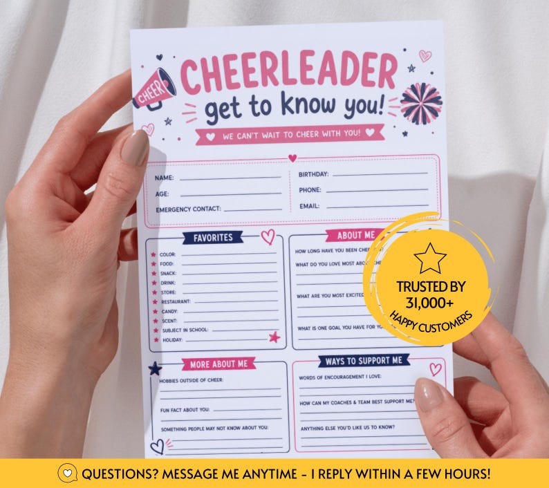 May include: A white paper form titled Cheerleader Get To Know You with pink and navy blue text and graphics including a megaphone and pom-poms. The form features sections for personal details, favorites, about me, and ways to support me.