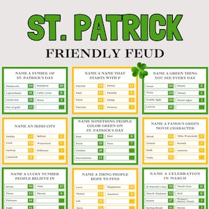 Könnte beinhalten: Ein St. Patrick's Day Friendly Feud Spielbrett mit grünen und gelben Kästchen. Das Spiel enthält Kategorien wie Symbole des St. Patrick's Day, irische Städte und Glückszahlen. Der Titel lautet "ST. PATRICK FRIENDLY FEUD".