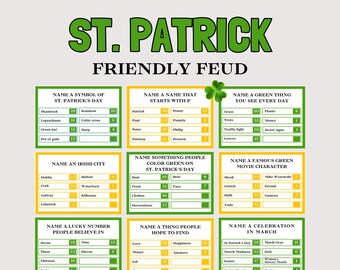 May include: A St. Patrick's Day Friendly Feud game board with green and yellow boxes. The game includes categories like symbols of St. Patrick's Day, Irish cities, and lucky numbers. The title "ST. PATRICK FRIENDLY FEUD" is at the top.
