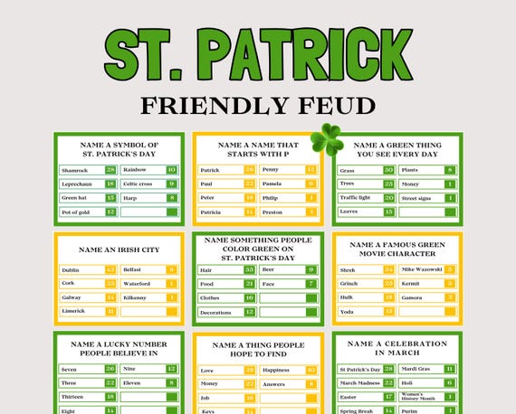 St Patricks Day Friendly Feud Game, Fun Group Saint Patricks Day Game for Adults Kids, St Pattys Day Activity Family Feud, Leprechaun Trivia