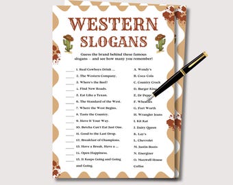Könnte beinhalten: Ein Spielblatt mit dem Titel "WESTERN SLOGANS" und einer Liste von Slogans, die Marken zugeordnet werden sollen. Ein schwarzer Stift mit goldenen Akzenten liegt auf dem Blatt. Das Blatt hat ein braunes und weißes Design.