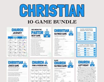 Op de afbeelding: Een bundel van tien christelijke spellen met blauwe tekst op een witte achtergrond. Spellen zijn onder meer "Church Jeopardy", "Who Knows the Pastor Best Game" en "Christian Sayings Game". De titel "Christian 10-Game Bundle" staat bovenaan.