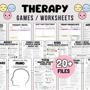 Könnte beinhalten: Eine Sammlung von Therapiespielen und Arbeitsblättern mit verschiedenen Check-in-Formularen für die psychische Gesundheit, Fortschrittsnotizen und Reflexionshilfen. Die Dokumente enthalten Titel wie Therapy Notes und 20+ Files.