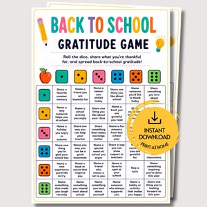 Back to School Gratitude Dice Game, Fun Printable Back to School Activity for Kids, Classroom Game, School Party Teacher Game, School Game