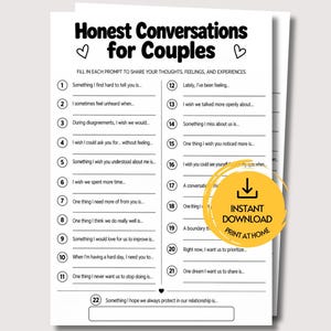 Puede incluir: Una hoja de papel blanca titulada Honest Conversations for Couples con dos corazones. Contiene veintidós preguntas numeradas con líneas para escribir, y un círculo amarillo con un icono de descarga y el texto Instant Download Print at Home.