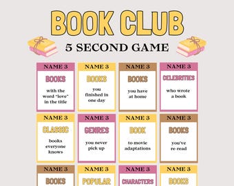 May include: A game board titled "BOOK CLUB 5 SECOND GAME" with colorful cards. The cards have prompts like "BOOKS with the word 'love' in the title" and "CELEBRITIES who wrote a book." Two illustrated stacks of books are at the top.