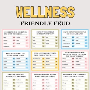May include: A colorful game board titled "Wellness Friendly Feud" with various fill-in-the-blank prompts and categories. The game includes questions about emotions, safe places, and things people want more of. The game is designed to promote wellness.