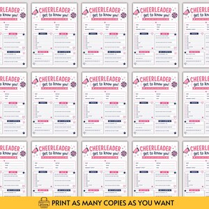 May include: A grid of fifteen identical printable sheets titled Cheerleader get to know you! featuring pink and dark blue text, a megaphone icon, and a pom-pom graphic. The form includes sections for favorites, about me, and ways to support me.