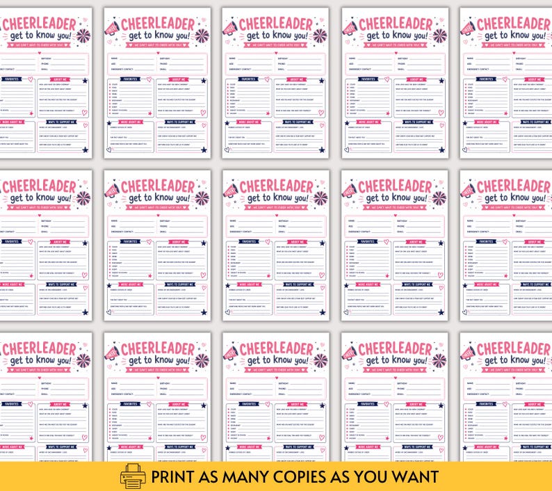 May include: A grid of fifteen identical printable sheets titled Cheerleader get to know you! featuring pink and dark blue text, a megaphone icon, and a pom-pom graphic. The form includes sections for favorites, about me, and ways to support me.