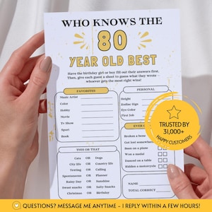 May include: A white birthday party game sheet titled Who Knows The 80 Year Old Best with gold accents. The paper features sections for favorites, personal details, this or that questions, and ever done prompts, plus a yellow circular badge overlay.