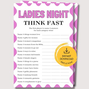May include: A white game sheet with a pink scalloped border titled LADIES NIGHT THINK FAST. It lists categories to name 3 answers, including things women love, gifts, magazines, Bible figures, excuses, relaxation, brands, singers, and romantic items.