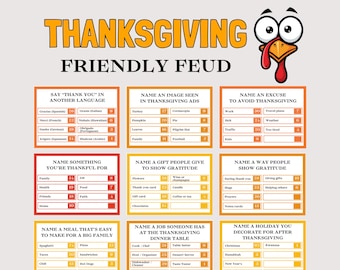 May include: Thanksgiving Friendly Feud game board with a cartoon turkey graphic. The game includes categories like "Say Thank You in Another Language" and "Name an Image Seen in Thanksgiving Ads."