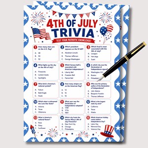 May include: A 4th of July trivia game sheet featuring fifteen multiple-choice questions, a red, white, and blue star border, illustrations of fireworks, an American flag, and a top hat, accompanied by a black and gold fountain pen.