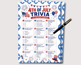 Juego de preguntas y respuestas del 4 de julio, divertido juego del 4 de julio para niños y adultos, trivia del 4 de julio para la oficina, actividad imprimible para fiestas familiares del 4 de julio