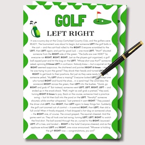 May include: A humorous greeting card with a green border, featuring the words "GOLF LEFT RIGHT". The card tells a story about a golf game, with the words "LEFT" and "RIGHT" used repeatedly. A pen rests on the card.