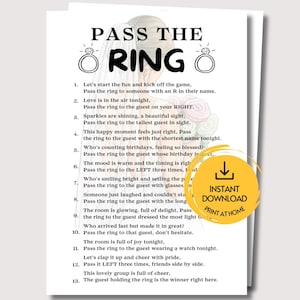 May include: A white game card titled PASS THE RING with two ring illustrations. The text lists thirteen instructions for a bridal shower game. A faint illustration of a person in a wedding dress with a bouquet is in the background. A yellow circle with a download icon and the text INSTANT DOWNLOAD PRINT AT HOME is overlaid.