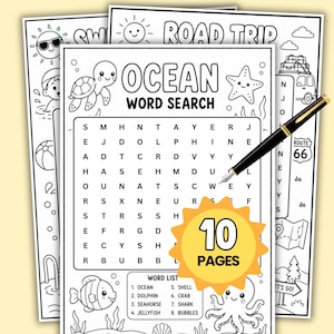 May include: A set of printable activity sheets featuring an Ocean Word Search puzzle with a turtle, starfish, fish, and octopus illustration. A black fountain pen rests on the page. A yellow sun-shaped badge displays the text 10 PAGES.