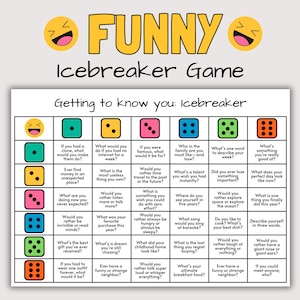 May include: A white icebreaker game board with the word "FUNNY" in yellow letters. The game includes questions like "What's your favorite purchase this year?" and "Describe yourself in three words."