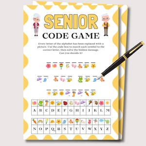 Könnte beinhalten: Ein farbenfrohes Senior Code Game-Blatt mit gelbem Rand und Illustrationen. Das Spiel bietet eine Code-Knack-Herausforderung, bei der Bilder Buchstaben ersetzen. Ein schwarzer und goldener Stift liegt auf dem Blatt, bereit, das Rätsel zu lösen.