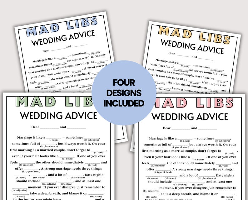Mad Libs Wedding Advice Cards, Fun Wedding Game & Bridal Shower Activity, Bachelorette Game, Wedding Activities, Rehearsal Dinner Games