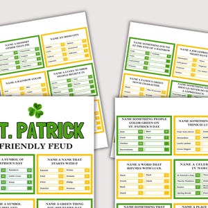 May include: Several St. Patrick's Day themed game sheets with green and yellow borders. The main sheet reads "St. Patrick Friendly Feud" with various trivia questions and answers related to the holiday.