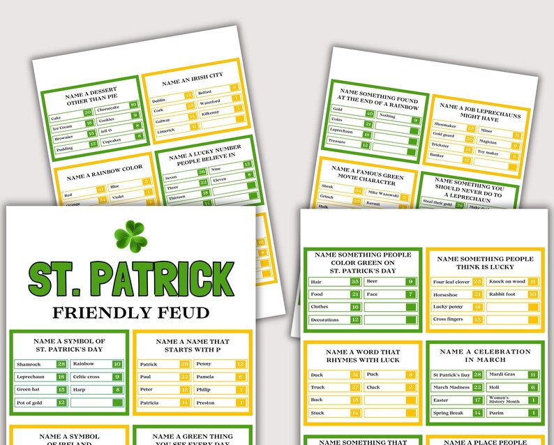 May include: Several St. Patrick's Day themed game sheets with green and yellow borders. The main sheet reads "St. Patrick Friendly Feud" with various trivia questions and answers related to the holiday.