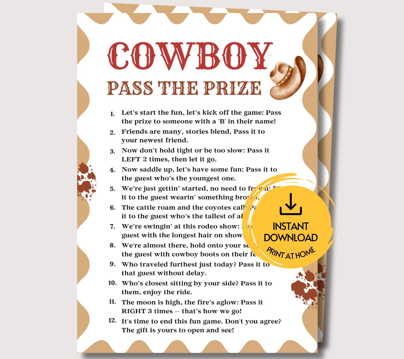 Cowboy Pass the Prize Game, Fun Printable Cowboy Game, Cowboy Party ...