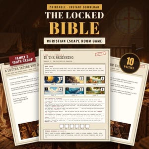 Może przedstawiać: Drukowna chrześcijańska gra typu escape room zatytułowana The Locked Bible, zawierająca trzy strony instrukcji, karty z zagadkami z ilustracjami stworzenia oraz tekst obejmujący fragmenty Księgi Rodzaju i wskazówki do rozwiązania dziesięciu łamigłówek.