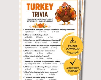 May include: A Turkey Trivia game sheet featuring a cartoon turkey, orange text, and ten multiple-choice questions about turkeys. The document includes a decorative pumpkin graphic and two yellow circular badges with text about downloading.