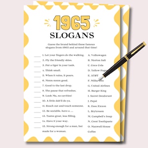 May include: A yellow and white game sheet titled "1965 SLOGANS" with a black and gold pen. The game challenges players to guess brands based on slogans from 1965. The sheet has a decorative yellow border.