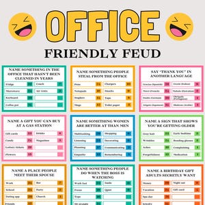 Könnte beinhalten: Ein farbenfrohes Spielbrett mit dem Titel "OFFICE FRIENDLY FEUD" mit verschiedenen Kategorien und Antworten. Das Spiel enthält Fragen wie "Nennen Sie etwas im Büro, das seit Jahren nicht gereinigt wurde" und "Nennen Sie ein Geburtstagsgeschenk, das Erwachsene heimlich wollen."