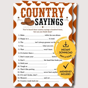 Country Sayings Game, Fun Printable Western Party Game for Adults & Kids, Western Theme Birthday Game, Nashville Activity, Country Trivia