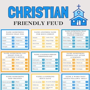 May include: A game board titled "Christian Friendly Feud" with various categories and answers. The design includes a blue church illustration and colorful boxes with questions like "Name Something People Pray For" and "Name Another Name for Jesus Christ."