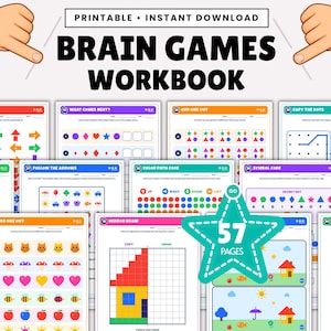 Pode incluir: Um livro de exercícios de jogos cerebrais imprimível com 57 páginas de atividades educativas, incluindo reconhecimento de padrões, desenho espelhado, labirintos e códigos de símbolos com ilustrações coloridas de objetos.