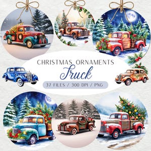 37 Christmas Ornaments PNG Sublimation Designs Bundle, Country Blue Red Truck Circle Ornaments Images, Vintage Printable Round Ornament Png