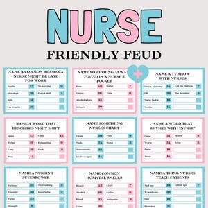 May include: A light gray game board with the words "NURSE FRIENDLY FEUD" in blue and pink. The board features various categories and answers related to nursing, such as "Name a TV Show with Nurses" and "Name a Nursing Superpower."